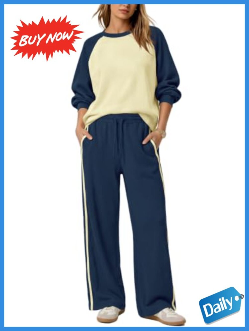 Waffle Knit 2 Piece Lounge Set Long Sleeve Top Wide Leg Striped Pants